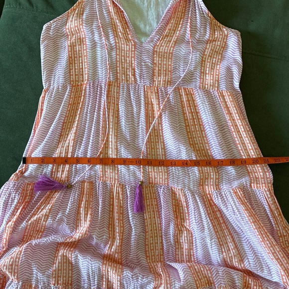 Oliphant coral pink and white block print tiered cotton tassle tie maxi dress S - Picture 10 of 13